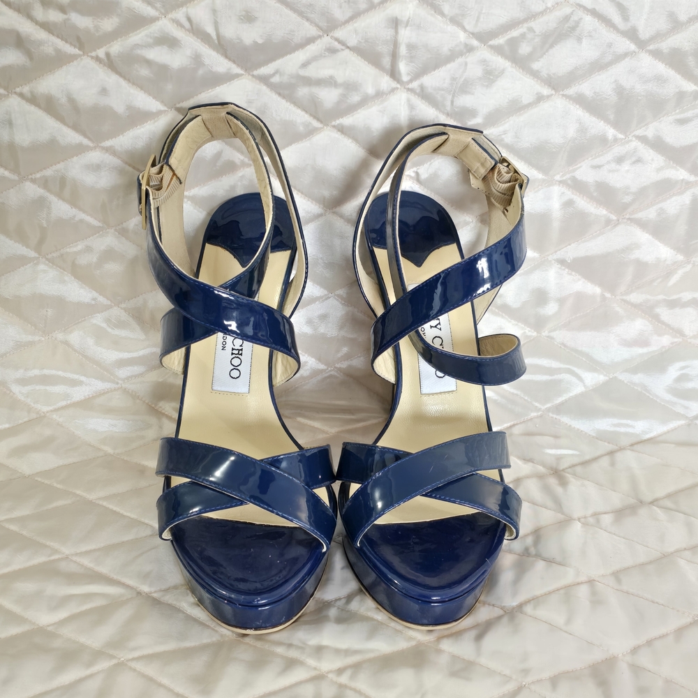 Jimmy Choo Navy Patent Leather Strappy Platform Sandals